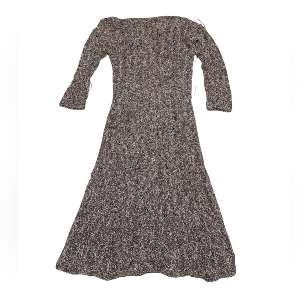 Vintage Knit Maxi Dress - Off-Shoulder Long Sleeve - Marled Purple & Cream S/M